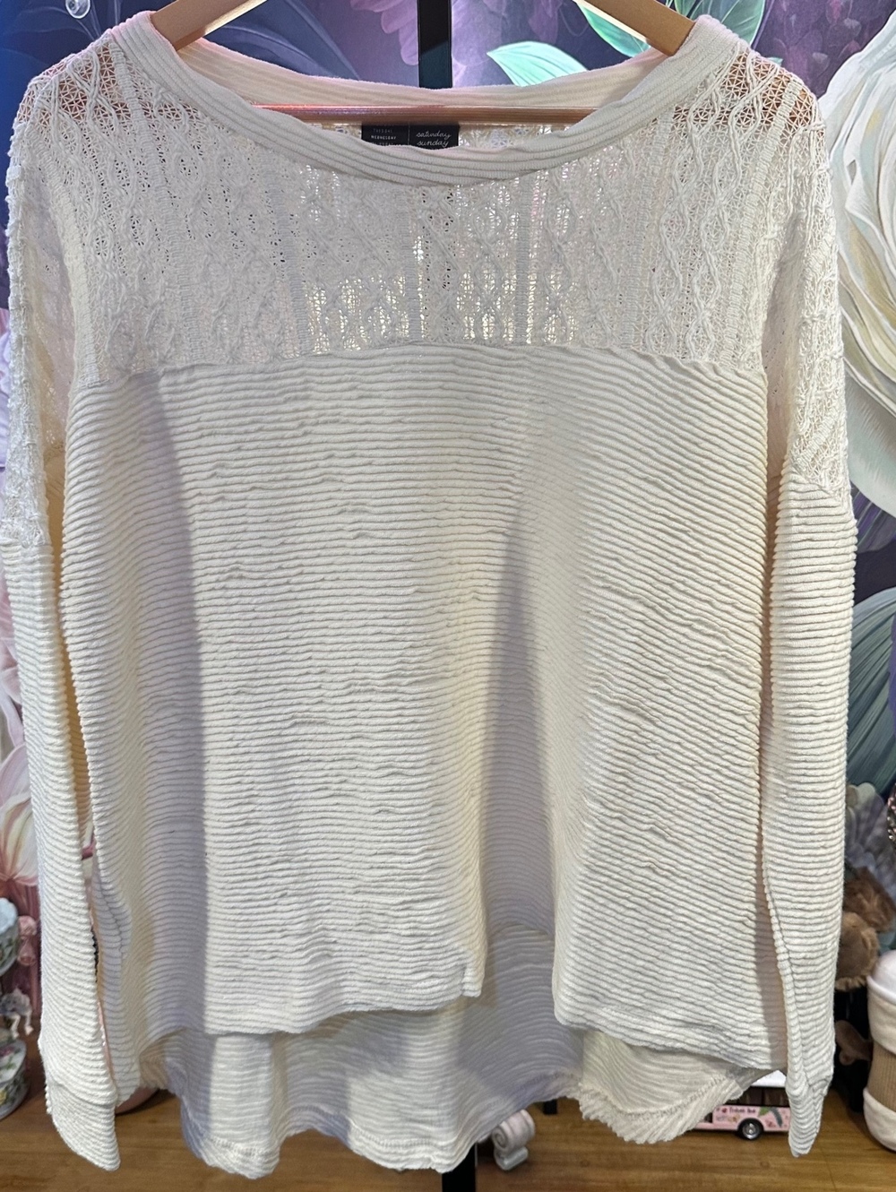 Anthropologie Saturday Sunday M Crochet Lace Sweater Stretch Boho Coastal Ivory